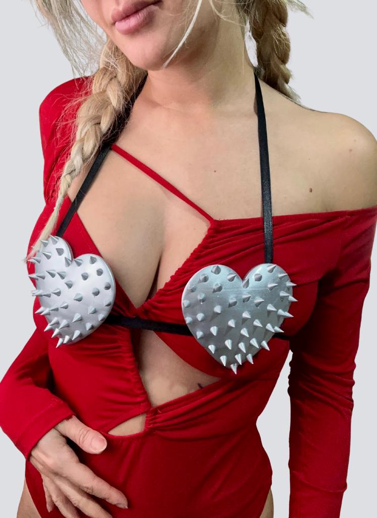 Spike Heart Bra, Matte Silver Gold Top for Bride to be, 3D Printed Birthday Party Bra
