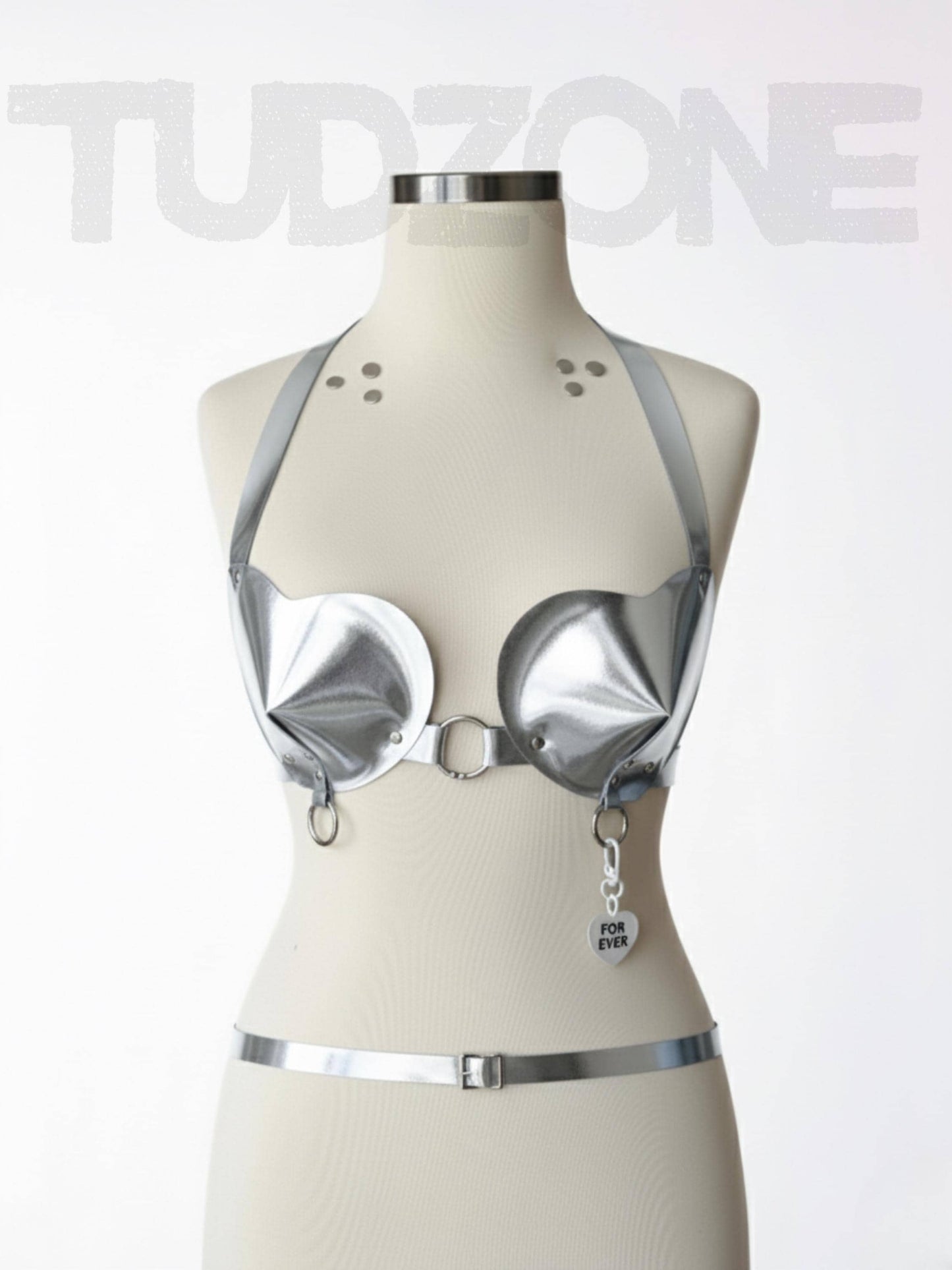 Heart Shaped Mirror Leather Bra - Retro Pin Up Girl Underwear, Faux Leather,Open Cup BDSM Bullet Bra