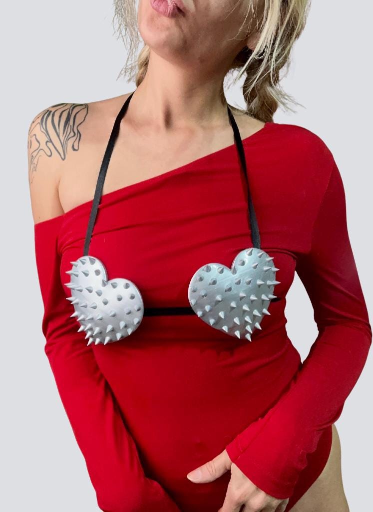 Spike Heart Bra, Matte Silver Gold Top for Bride to be, 3D Printed Birthday Party Bra