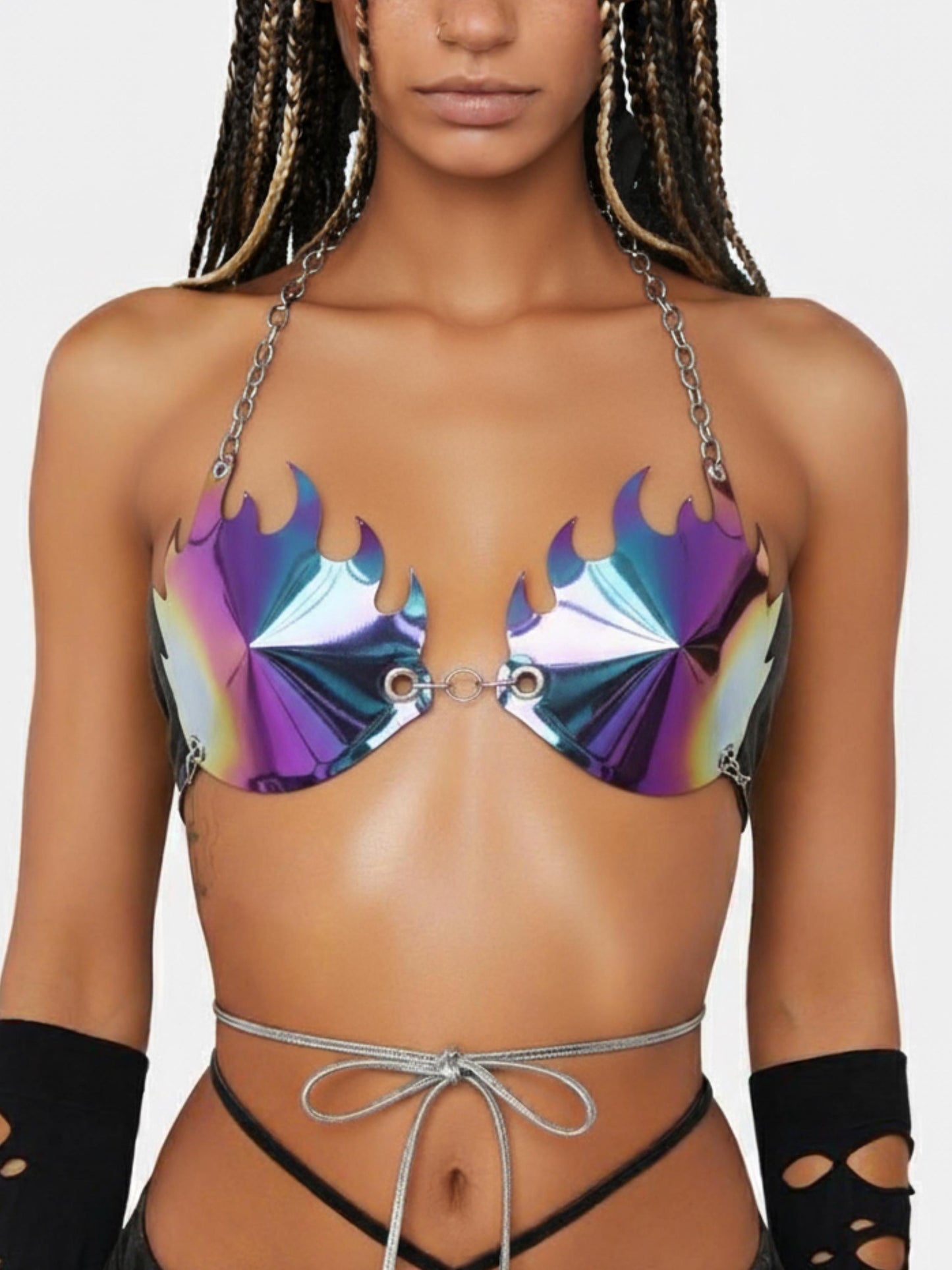 Firework Mirror Leather Bra - Holographic Bullet Underwear, Chameleon Faux Leather Top