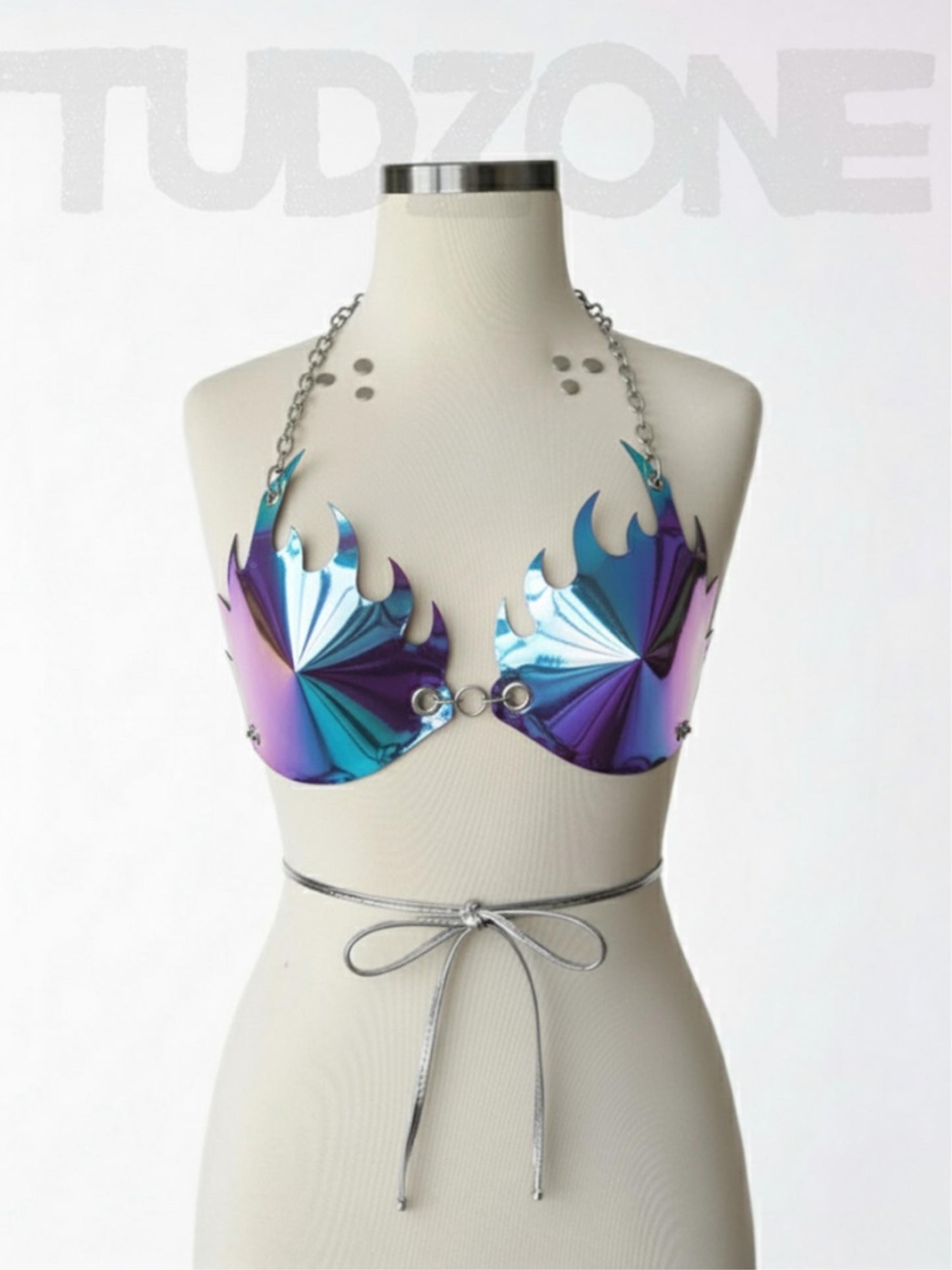 Firework Mirror Leather Bra - Holographic Bullet Underwear, Chameleon Faux Leather Top