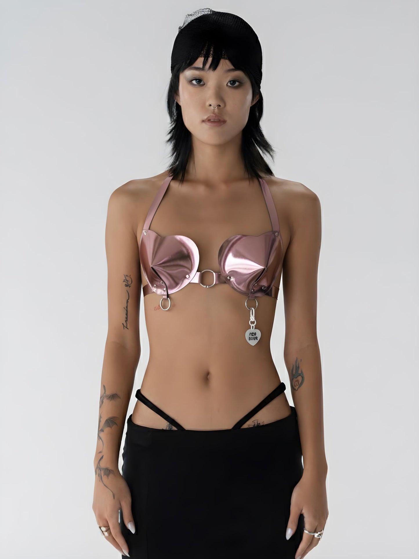 Heart Shaped Mirror Leather Bra - Retro Pin Up Girl Underwear, Faux Leather,Open Cup BDSM Bullet Bra