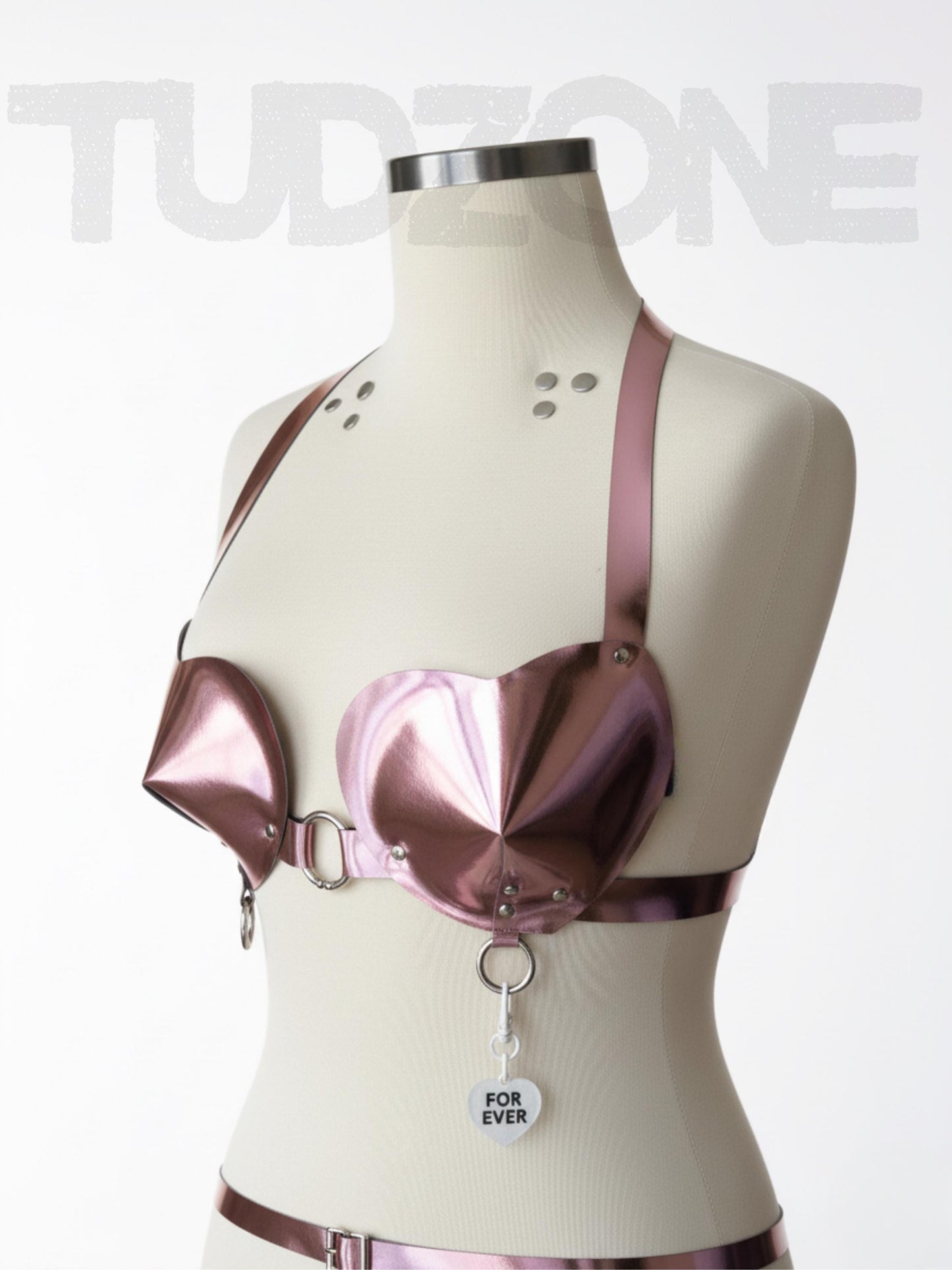 Heart Shaped Mirror Leather Bra - Retro Pin Up Girl Underwear, Faux Leather,Open Cup BDSM Bullet Bra