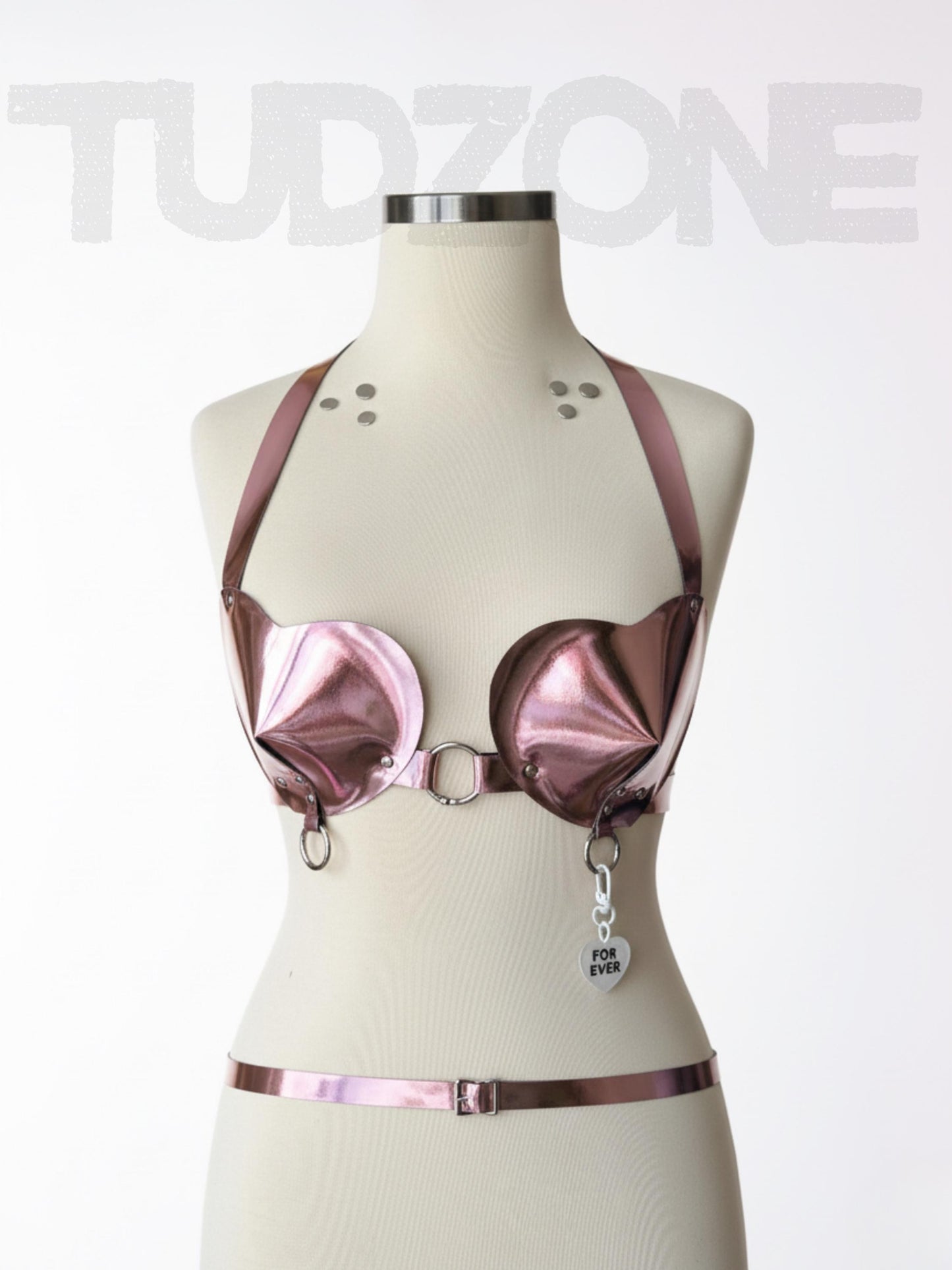 Heart Shaped Mirror Leather Bra - Retro Pin Up Girl Underwear, Faux Leather,Open Cup BDSM Bullet Bra