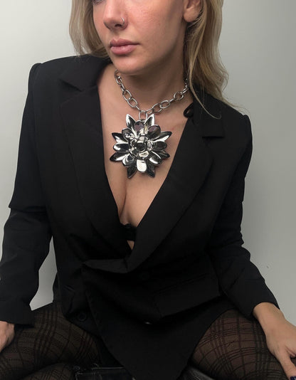 Flower 3D Printed Chrome Silver Chain Necklace – Futuristic Chunky Collar, Cyberpunk Jewelry