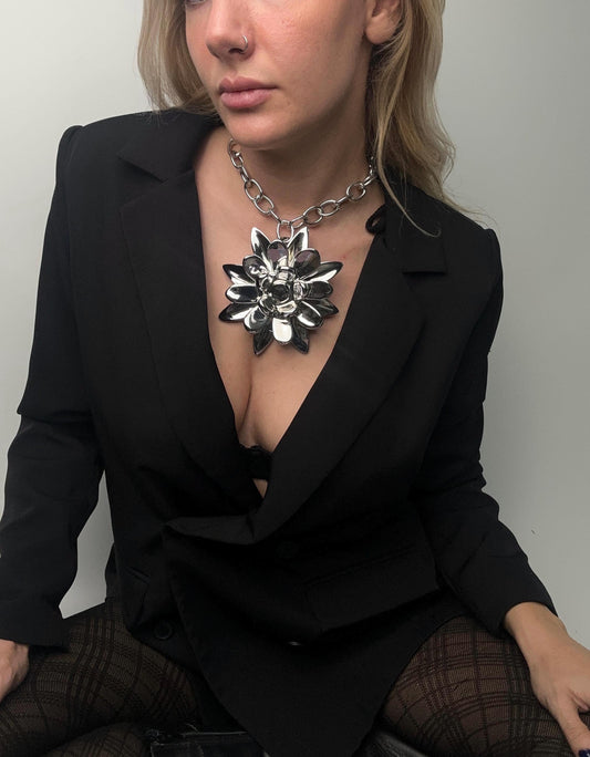 Flower 3D Printed Chrome Silver Chain Necklace – Futuristic Chunky Collar, Cyberpunk Jewelry