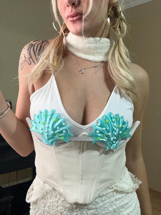 Seashell, Blue Shellfish Top for Bride to be, 3D Printed Birthday Party Bra, Mermaid Sexy Fantasy Bra
