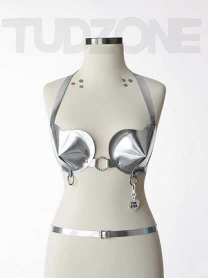 Heart Shaped Mirror Leather Bra - Retro Pin Up Girl Underwear, Faux Leather,Open Cup BDSM Bullet Bra