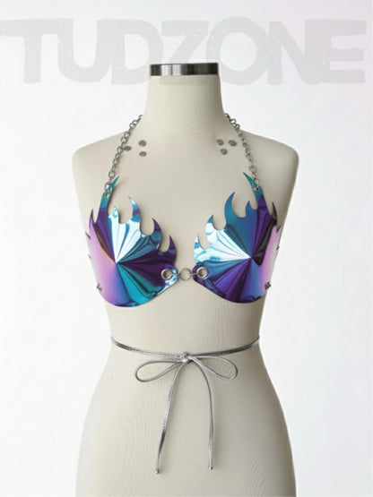Firework Mirror Leather Bra - Holographic Bullet Underwear, Chameleon Faux Leather Top