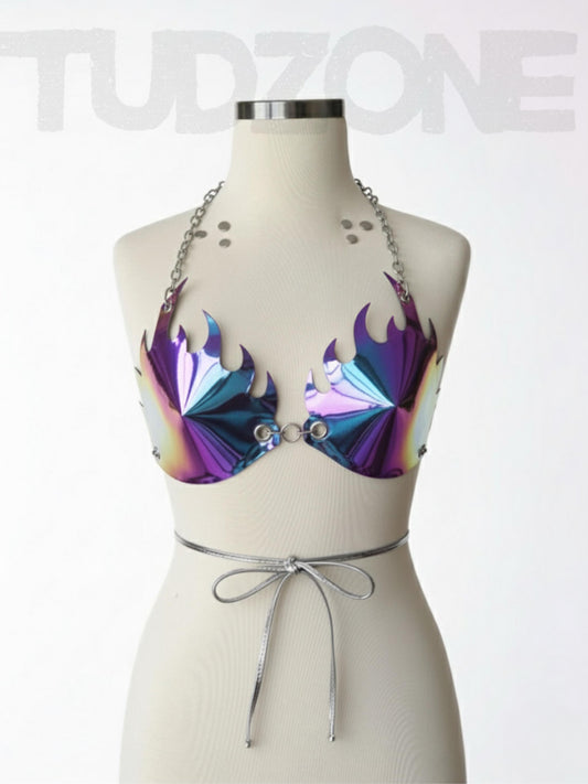 Firework Mirror Leather Bra - Holographic Bullet Underwear, Chameleon Faux Leather Top