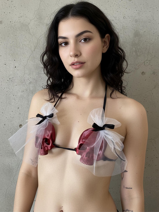 Veiled Skull Bride Bra – Gothic Skeleton Halloween Costume, Bridal Veil