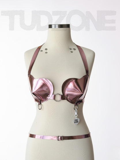 Heart Shaped Mirror Leather Bra - Retro Pin Up Girl Underwear, Faux Leather,Open Cup BDSM Bullet Bra